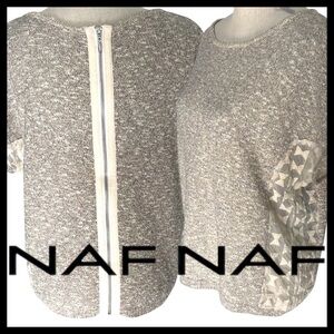 NAF NAF Taupe/Cream/Gold Marled Zip-Back Sheer Side Panel Cap Sleeve Sweater (L)